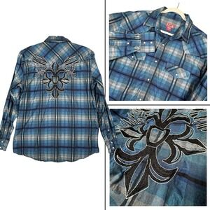 Red Ranch Pearl Snap Shirt XL‎ Blue Affliction Style Embroidered Y2K Western